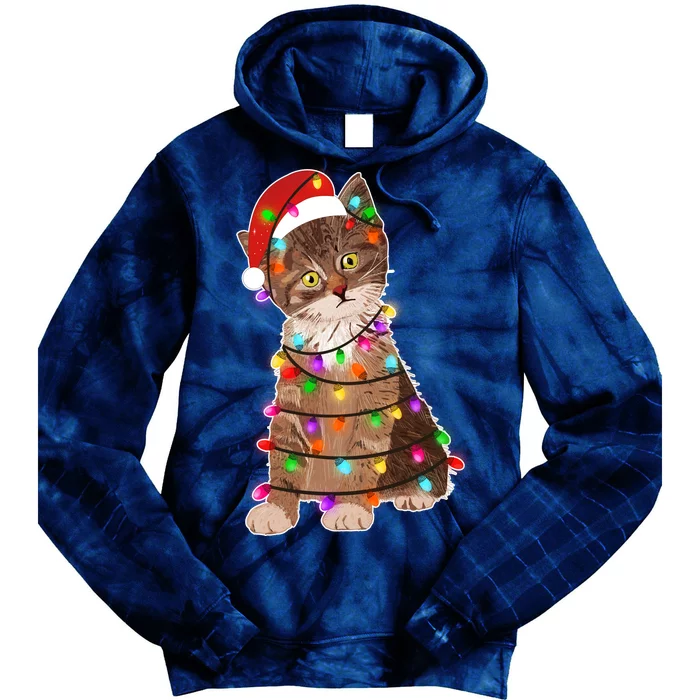 Cat Tangled in Christmas Lights Santa Kitten Tie Dye Hoodie