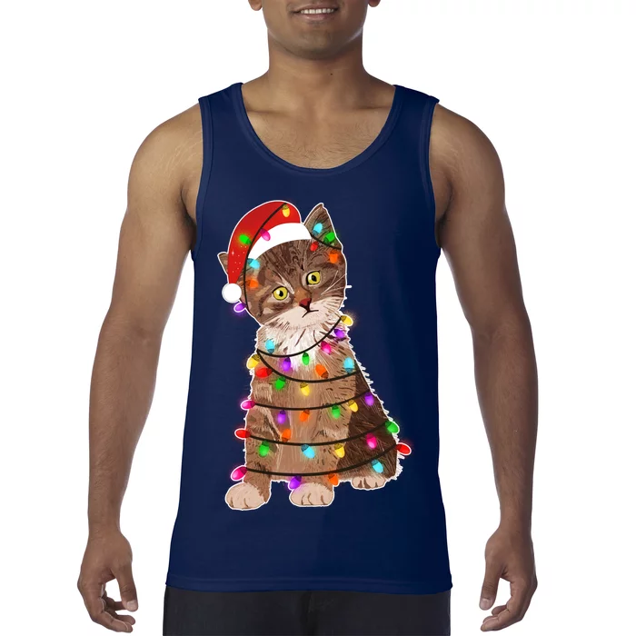 Cat Tangled in Christmas Lights Santa Kitten Tank Top