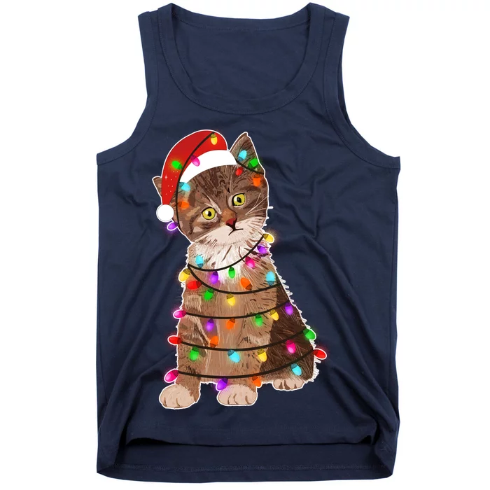 Cat Tangled in Christmas Lights Santa Kitten Tank Top