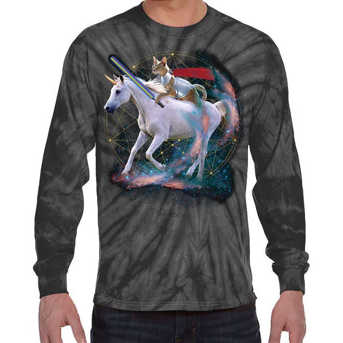 Cat Warrior Riding Unicorn Tie-Dye Long Sleeve Shirt