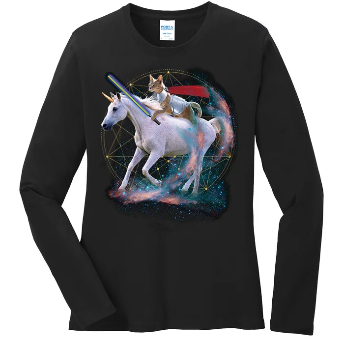 Cat Warrior Riding Unicorn Ladies Long Sleeve Shirt