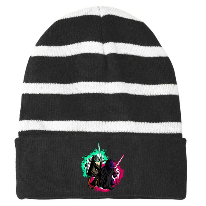 Cat Wars Light Swords Star Cats Funny Striped Beanie with Solid Band