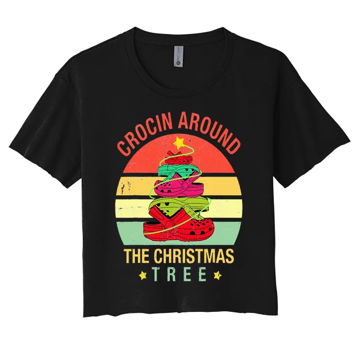 Crocin Around The Christmas Tree Funny Vintage Xmas Women's Crop Top Tee