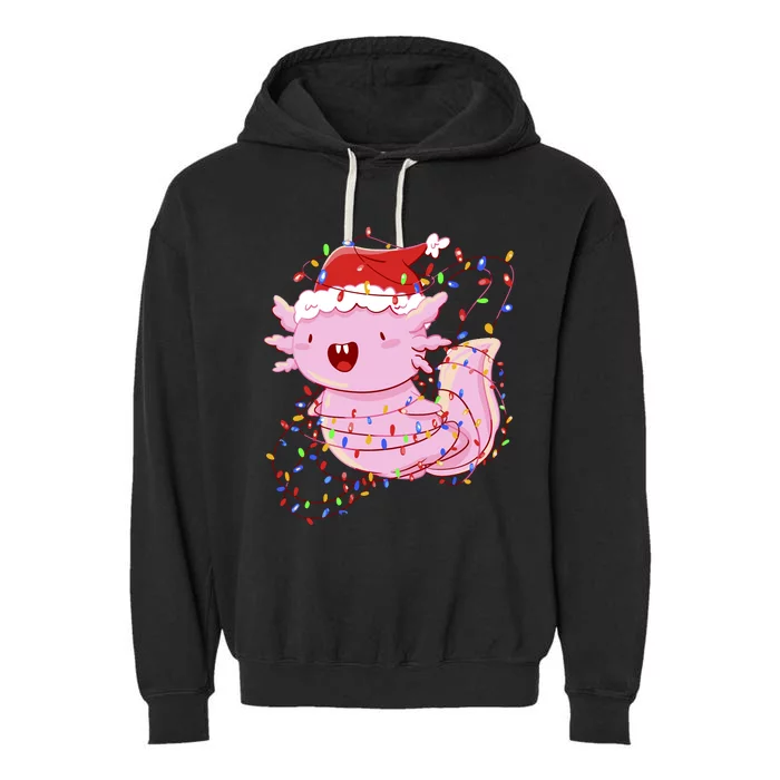 Cute Axolotl Tangled In Christmas Lights Santa Hat Garment-Dyed Fleece Hoodie