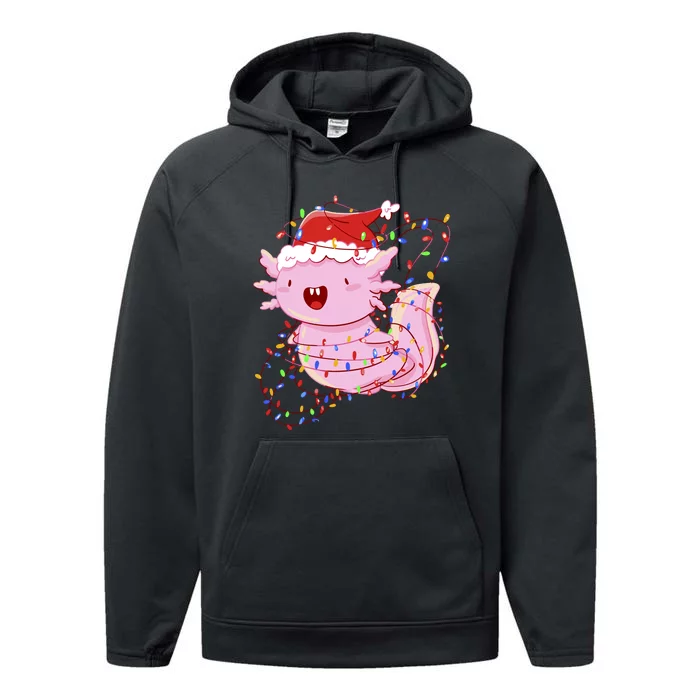 Cute Axolotl Tangled In Christmas Lights Santa Hat Performance Fleece Hoodie