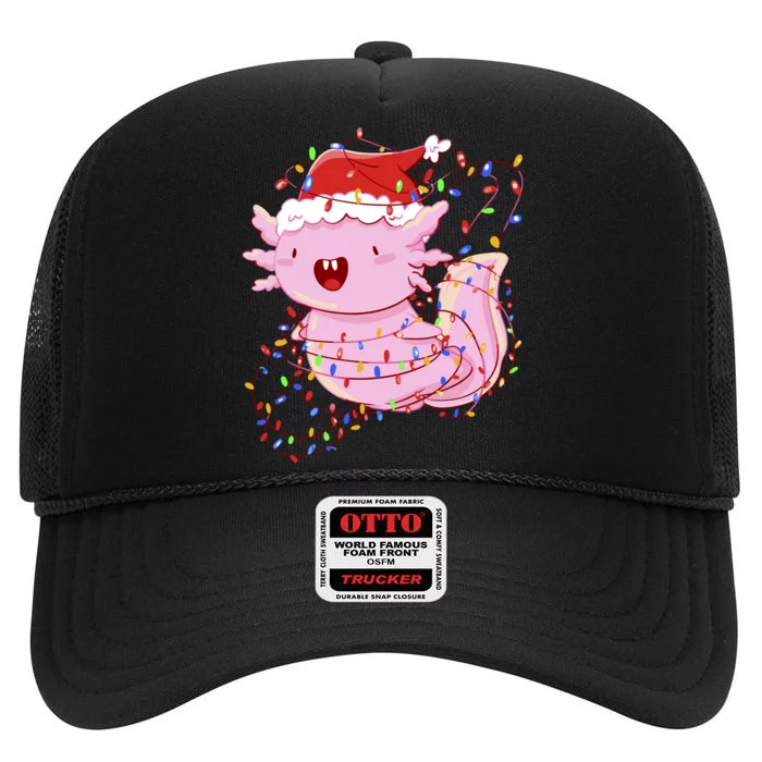 Cute Axolotl Tangled In Christmas Lights Santa Hat High Crown Mesh Trucker Hat