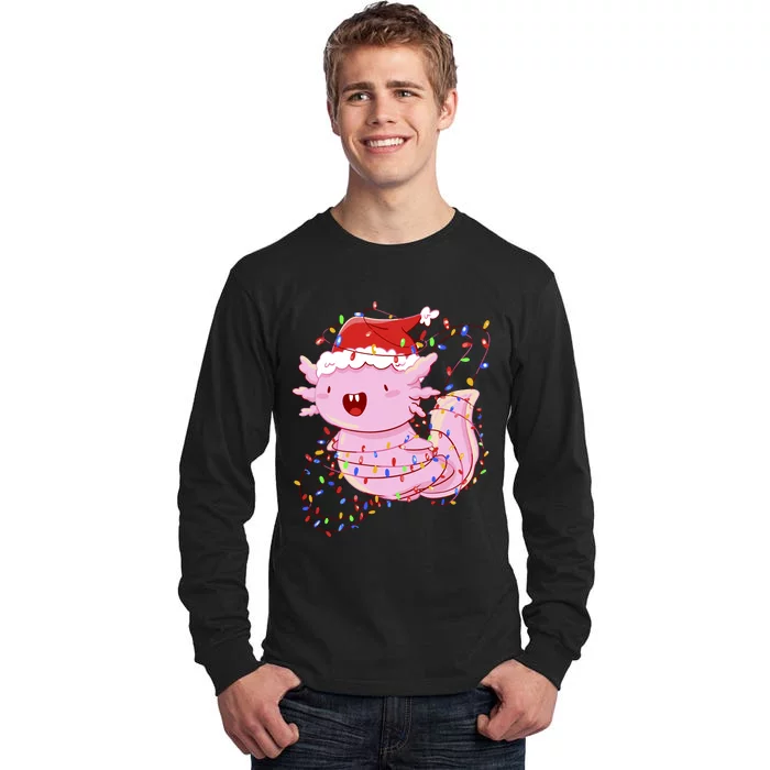 Cute Axolotl Tangled In Christmas Lights Santa Hat Tall Long Sleeve T-Shirt