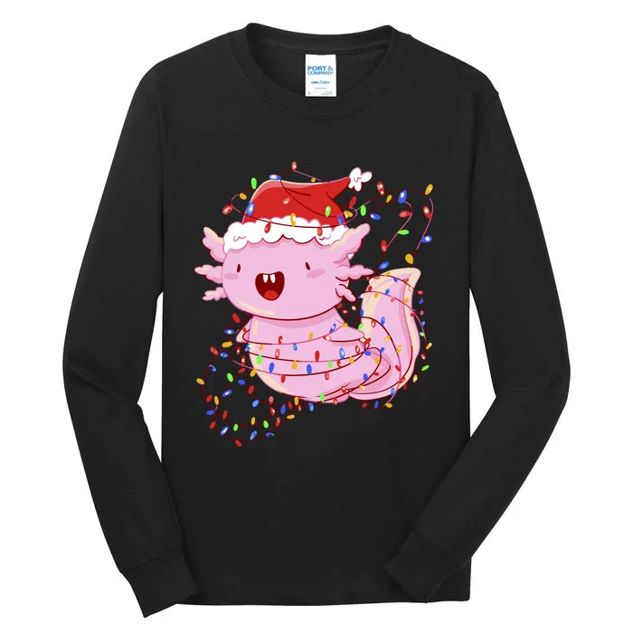 Cute Axolotl Tangled In Christmas Lights Santa Hat Tall Long Sleeve T-Shirt