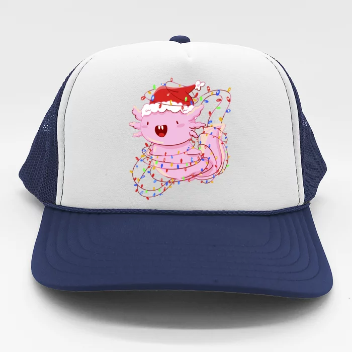 Cute Axolotl Tangled In Christmas Lights Santa Hat Trucker Hat