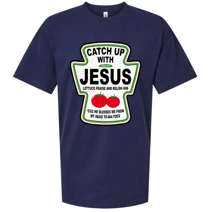 Catch Up With Jesus Funny Ketchup Faith Sueded Cloud Jersey T-Shirt