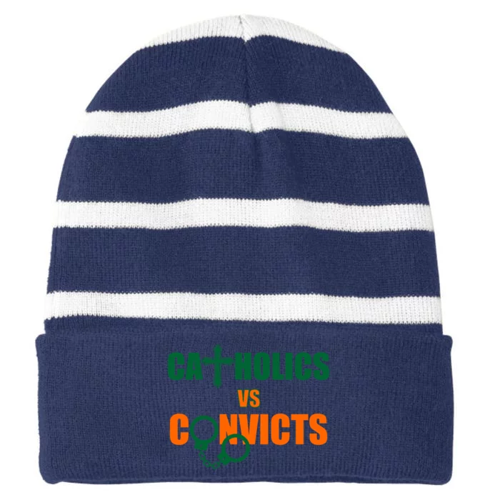 Catholics Vs. Convicts 1988 Cross and Handcuffs Striped Beanie with Solid Band