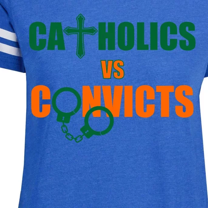 Catholics Vs. Convicts 1988 Cross and Handcuffs Enza Ladies Jersey Football T-Shirt