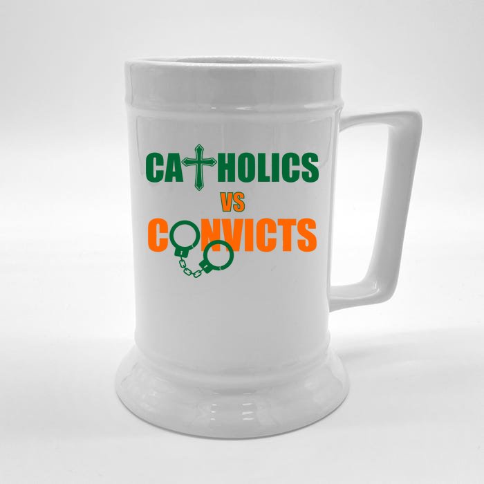 Catholics Vs. Convicts 1988 Cross and Handcuffs Front & Back Beer Stein