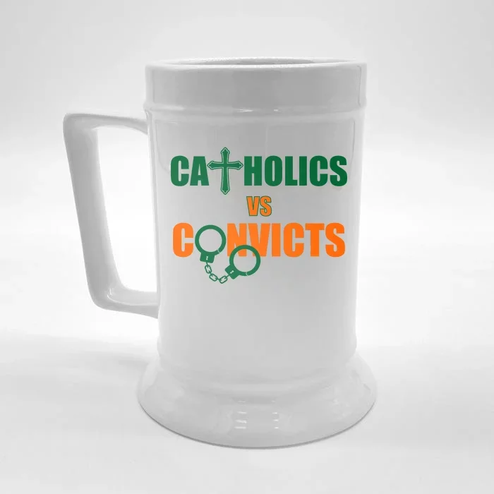 Catholics Vs. Convicts 1988 Cross and Handcuffs Front & Back Beer Stein