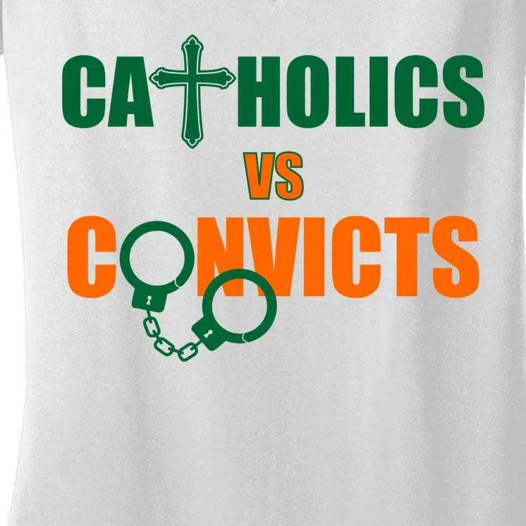 Catholics Vs. Convicts 1988 Cross and Handcuffs Women's V-Neck T-Shirt