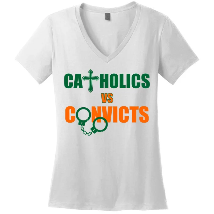 Catholics Vs. Convicts 1988 Cross and Handcuffs Women's V-Neck T-Shirt