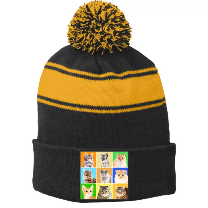 Cats Photo Portraits Collage Stripe Pom Pom Beanie