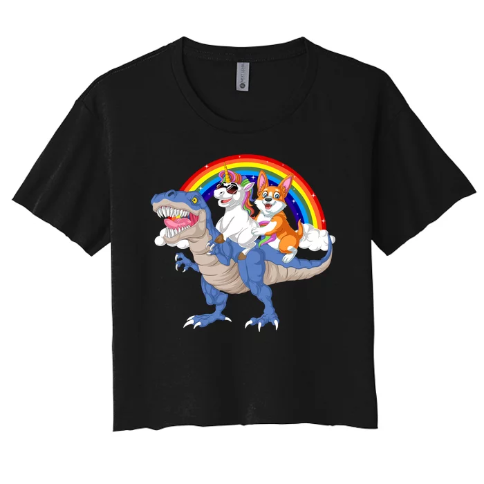 Corgi And Unicorn Riding Dinosaur Women's Crop Top Tee