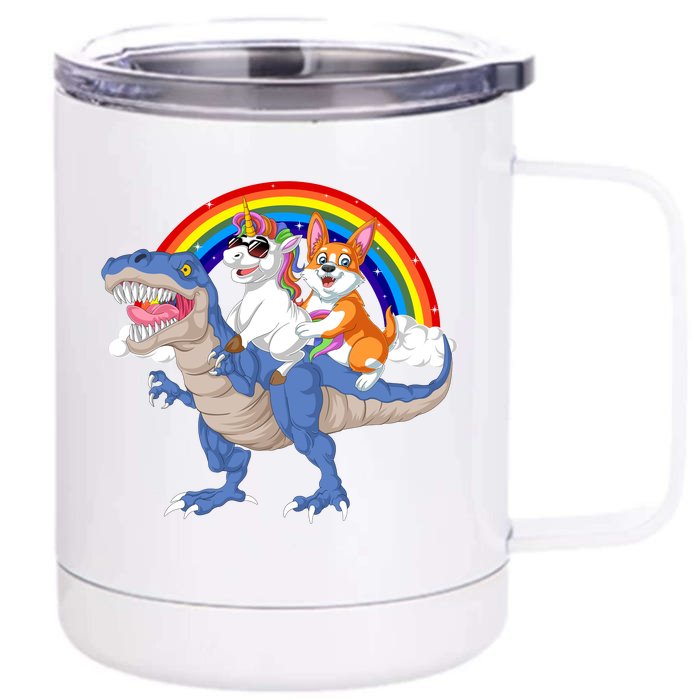 Corgi And Unicorn Riding Dinosaur Front & Back 12oz Stainless Steel Tumbler Cup