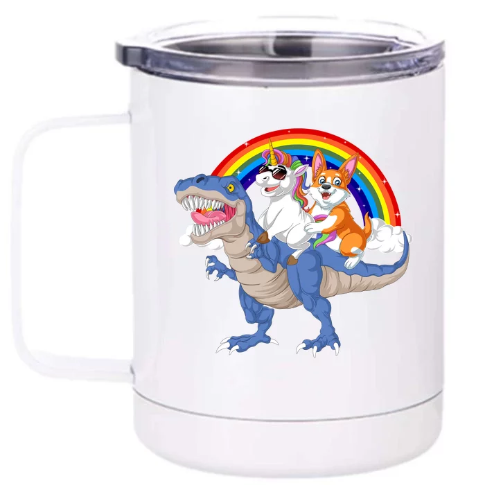 Corgi And Unicorn Riding Dinosaur Front & Back 12oz Stainless Steel Tumbler Cup