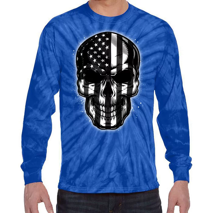 Cool American USA Flag Grunge Skull Tie-Dye Long Sleeve Shirt