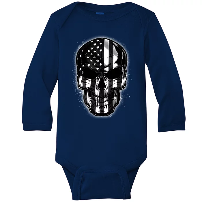 Cool American USA Flag Grunge Skull Baby Long Sleeve Bodysuit