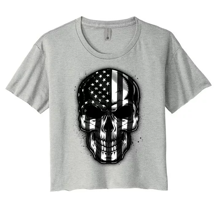 Cool American USA Flag Grunge Skull Women's Crop Top Tee