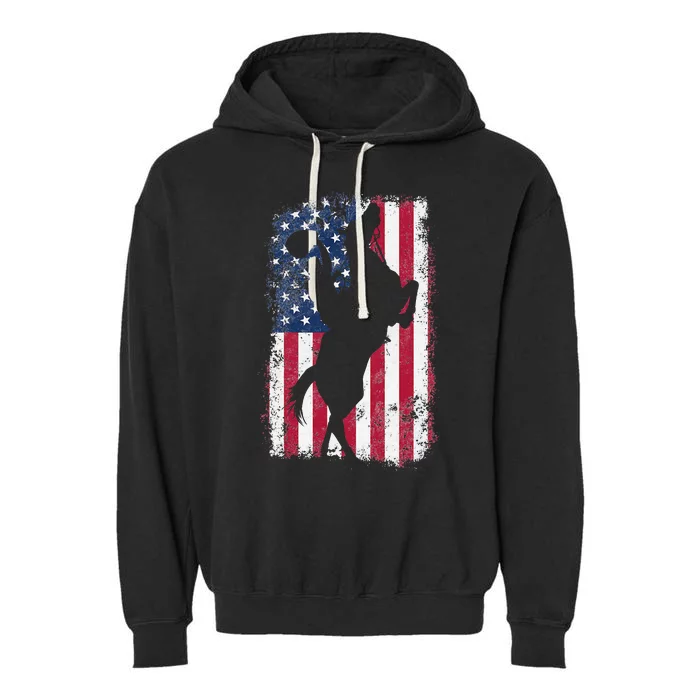 Cow American USA Flag Rodeo Horse 4th of July Distressed Garment-Dyed Fleece Hoodie