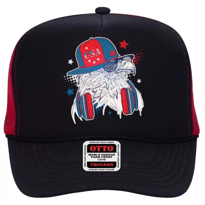 Cool American USA Flag Hipster DJ Eagle High Crown Mesh Trucker Hat