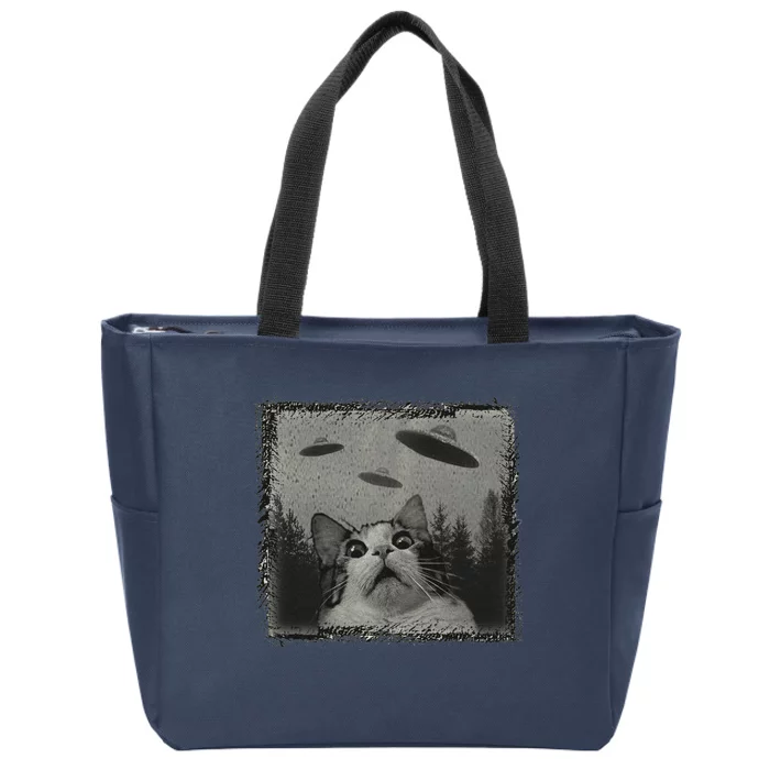 Cat And UFOs Funny Cat Lover Funny Cute Cat Meme Zip Tote Bag