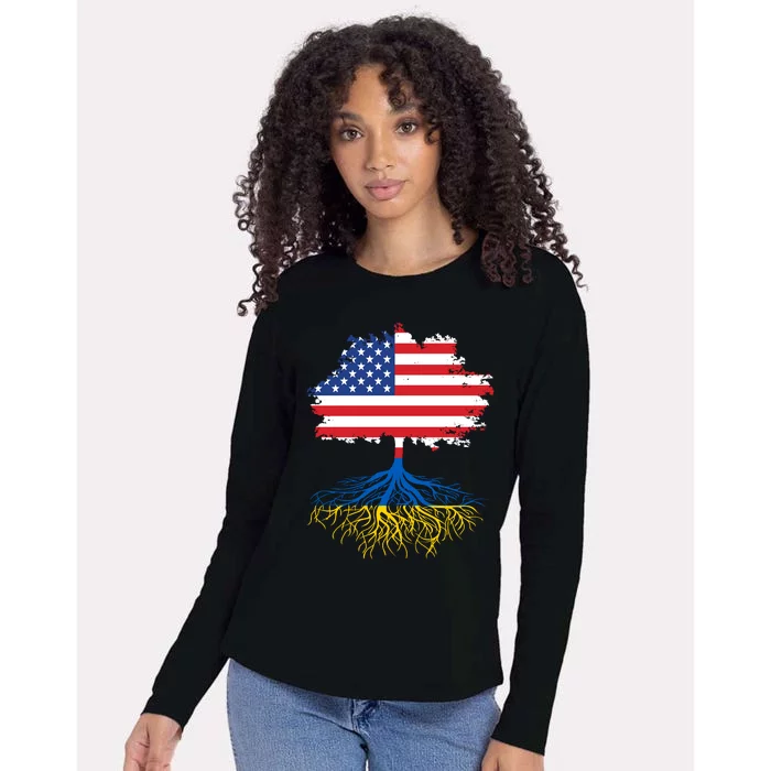 Cool American Ukrainian Roots I Stand With Ukraine USA Ukraine Flags Womens Cotton Relaxed Long Sleeve T-Shirt