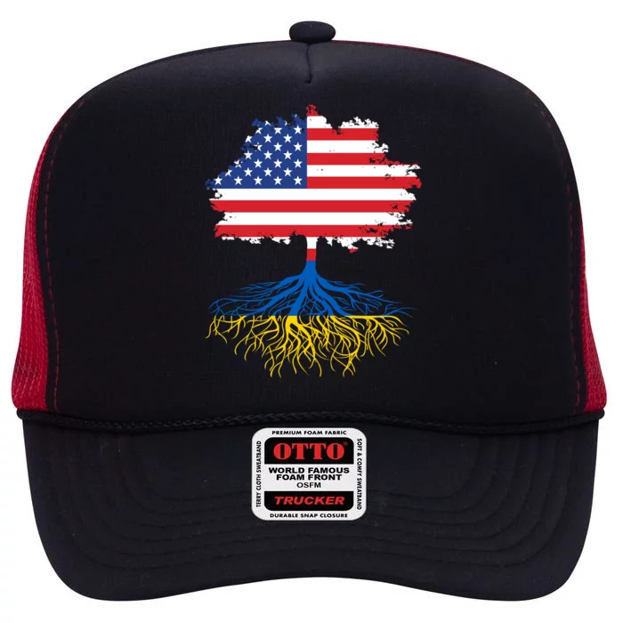 Cool American Ukrainian Roots I Stand With Ukraine USA Ukraine Flags High Crown Mesh Trucker Hat