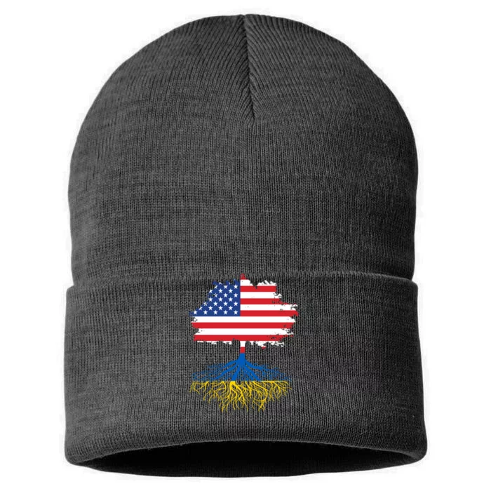 Cool American Ukrainian Roots I Stand With Ukraine USA Ukraine Flags Sustainable Knit Beanie