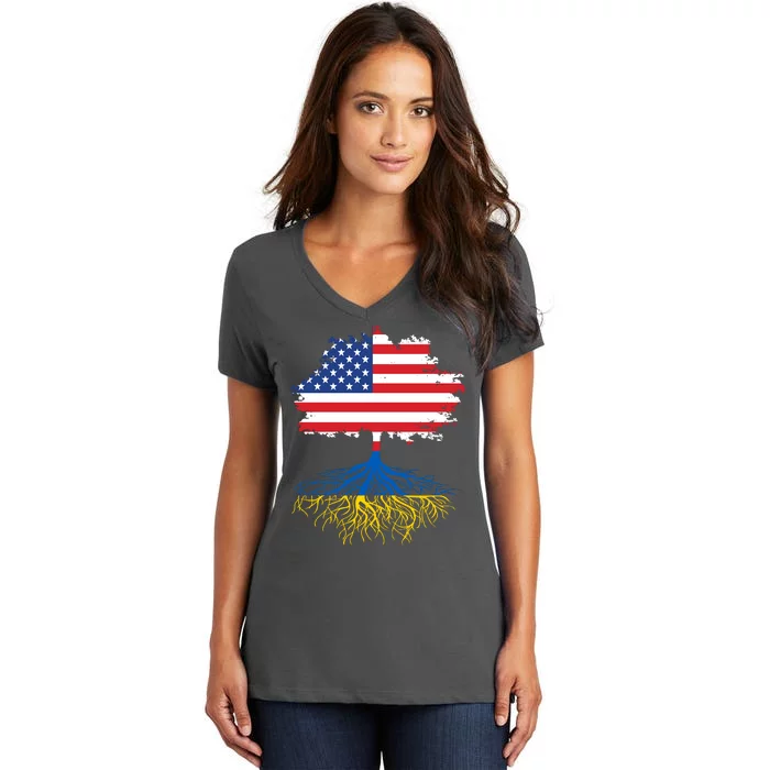 Cool American Ukrainian Roots I Stand With Ukraine USA Ukraine Flags Women's V-Neck T-Shirt