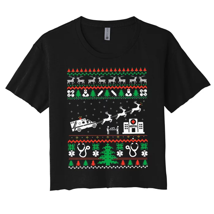 Christmas Ambulance Ugly Sweater Emergency Medical EMT Women's Crop Top Tee