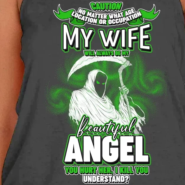 Caution My Wife Will Always Be My Beautiful Angel Hurt Her I Kill You Women's Knotted Racerback Tank