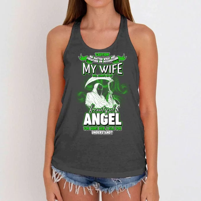 Caution My Wife Will Always Be My Beautiful Angel Hurt Her I Kill You Women's Knotted Racerback Tank