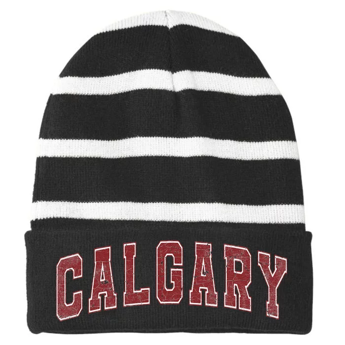 Calgary Ab Vintage Sports Red Retro Varsity Text Striped Beanie with Solid Band