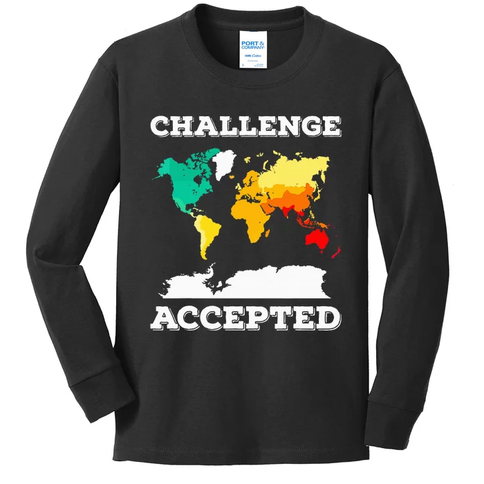 Challenge Accepted World Map Travel World Traveler Kids Long Sleeve Shirt