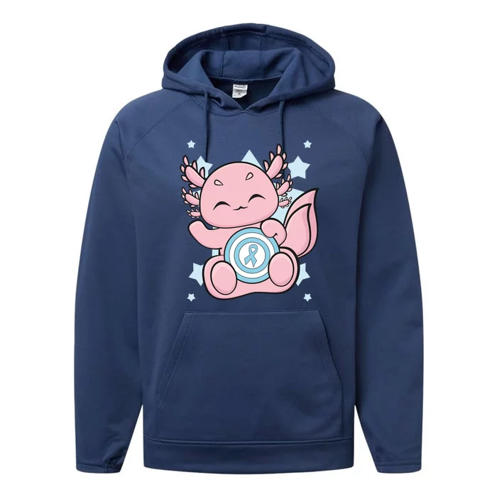 Cute Axolotl With Blue Ribbon For Diabetes Awareness Great Gift Performance Fleece Hoodie