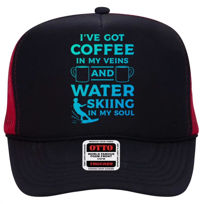 Coffee And Water Skiing Water Ski Gift High Crown Mesh Trucker Hat