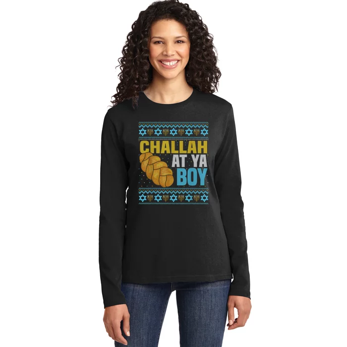 Challah At Ya  Funny Ugly Hanukkah Sweater Pajamas Shirt Ladies Long Sleeve Shirt