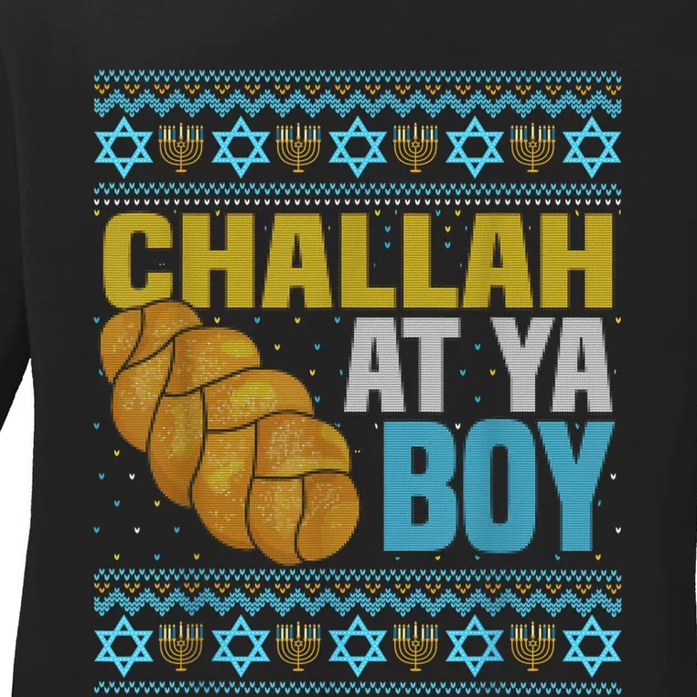 Challah At Ya  Funny Ugly Hanukkah Sweater Pajamas Shirt Ladies Long Sleeve Shirt