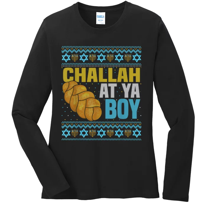 Challah At Ya  Funny Ugly Hanukkah Sweater Pajamas Shirt Ladies Long Sleeve Shirt