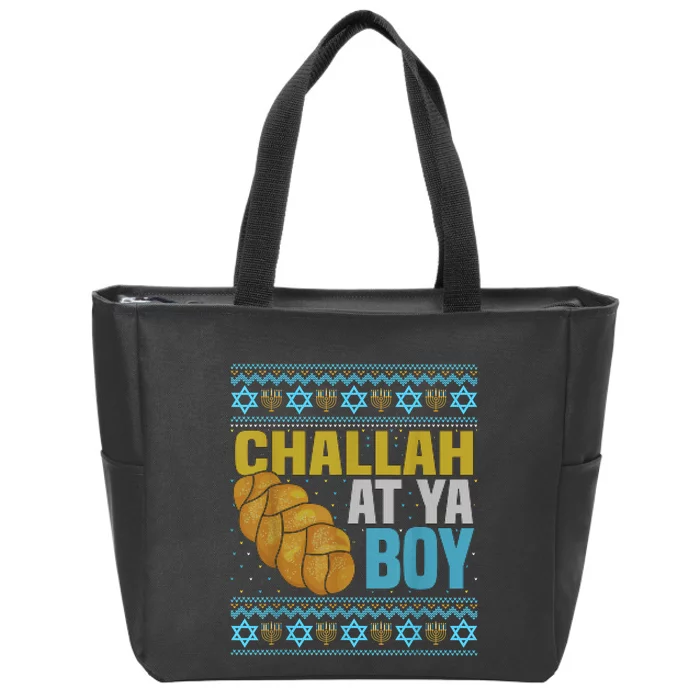 Challah At Ya  Funny Ugly Hanukkah Sweater Pajamas Shirt Zip Tote Bag