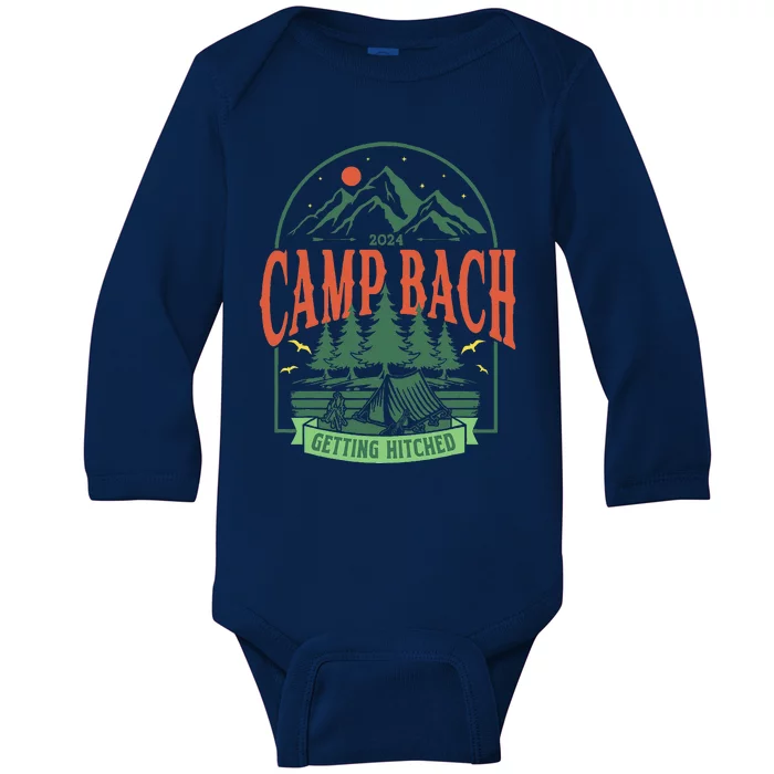 Camp Bach 2024 Getting Hitched Camping Bachelorette Party Baby Long Sleeve Bodysuit