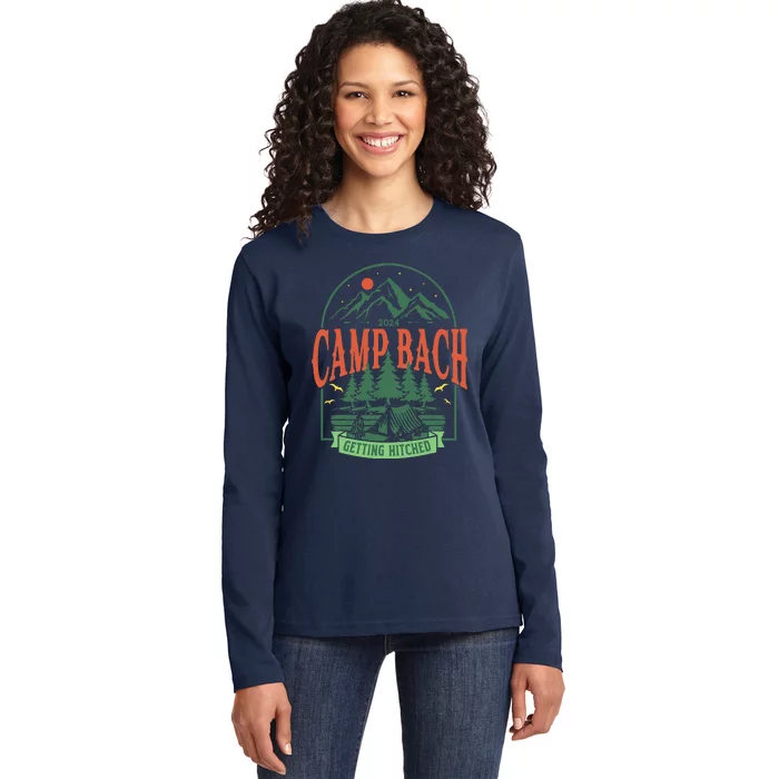 Camp Bach 2024 Getting Hitched Camping Bachelorette Party Ladies Long Sleeve Shirt