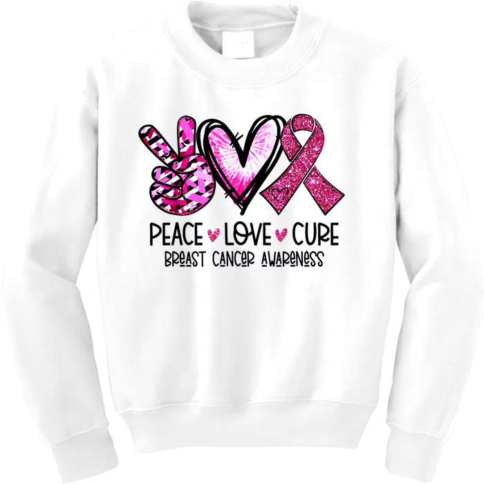 Cancer Breast Awareness Peace Love Cure Pin.K Ribbon Gift Kids Sweatshirt