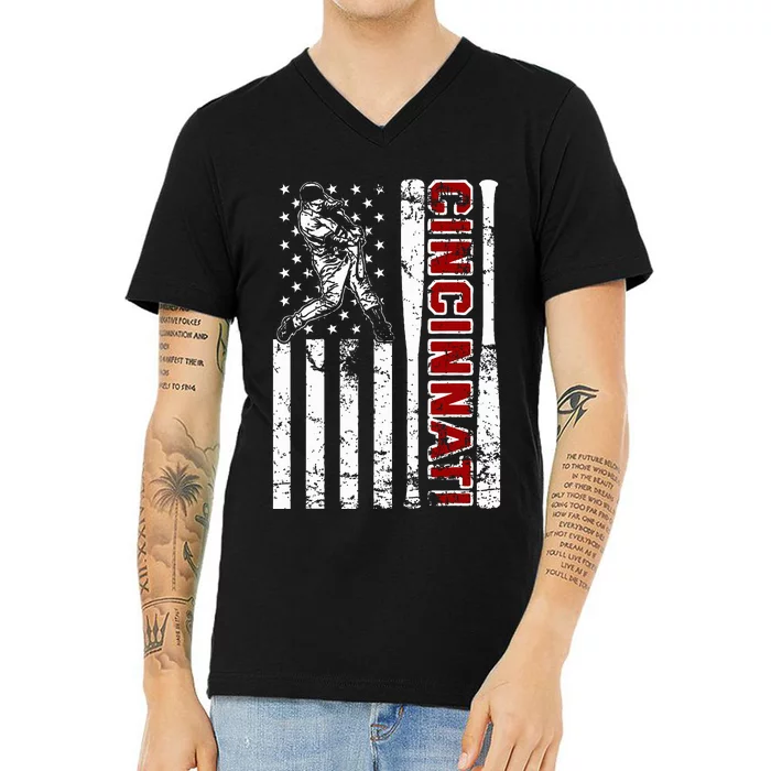 Cincinnati Baseball American Flag Vintage Baseball Fans V-Neck T-Shirt