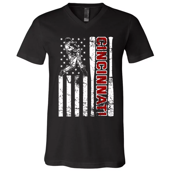 Cincinnati Baseball American Flag Vintage Baseball Fans V-Neck T-Shirt